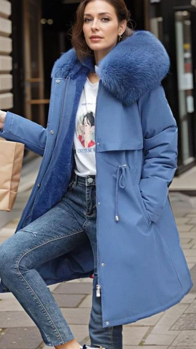Women's Zip-Front Parka With Plush Hood Trim - Blue