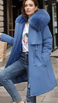 Women's Zip-Front Parka With Plush Hood Trim - Blue