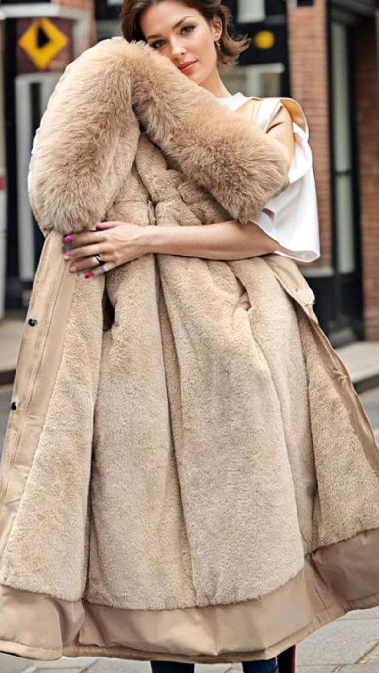 Women's Zip-Front Parka With Plush Hood Trim - Beige