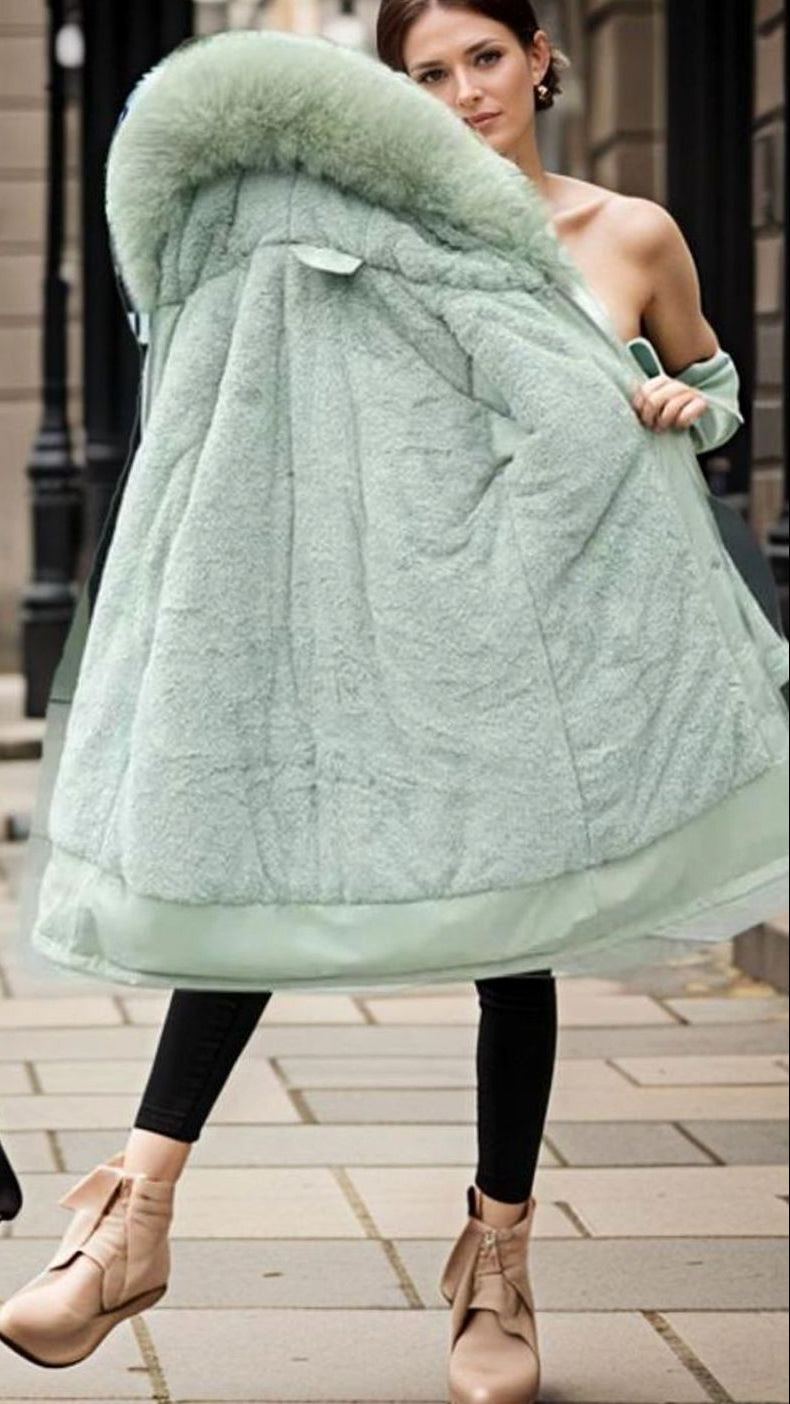 Women's Zip-Front Parka With Plush Hood Trim - Green