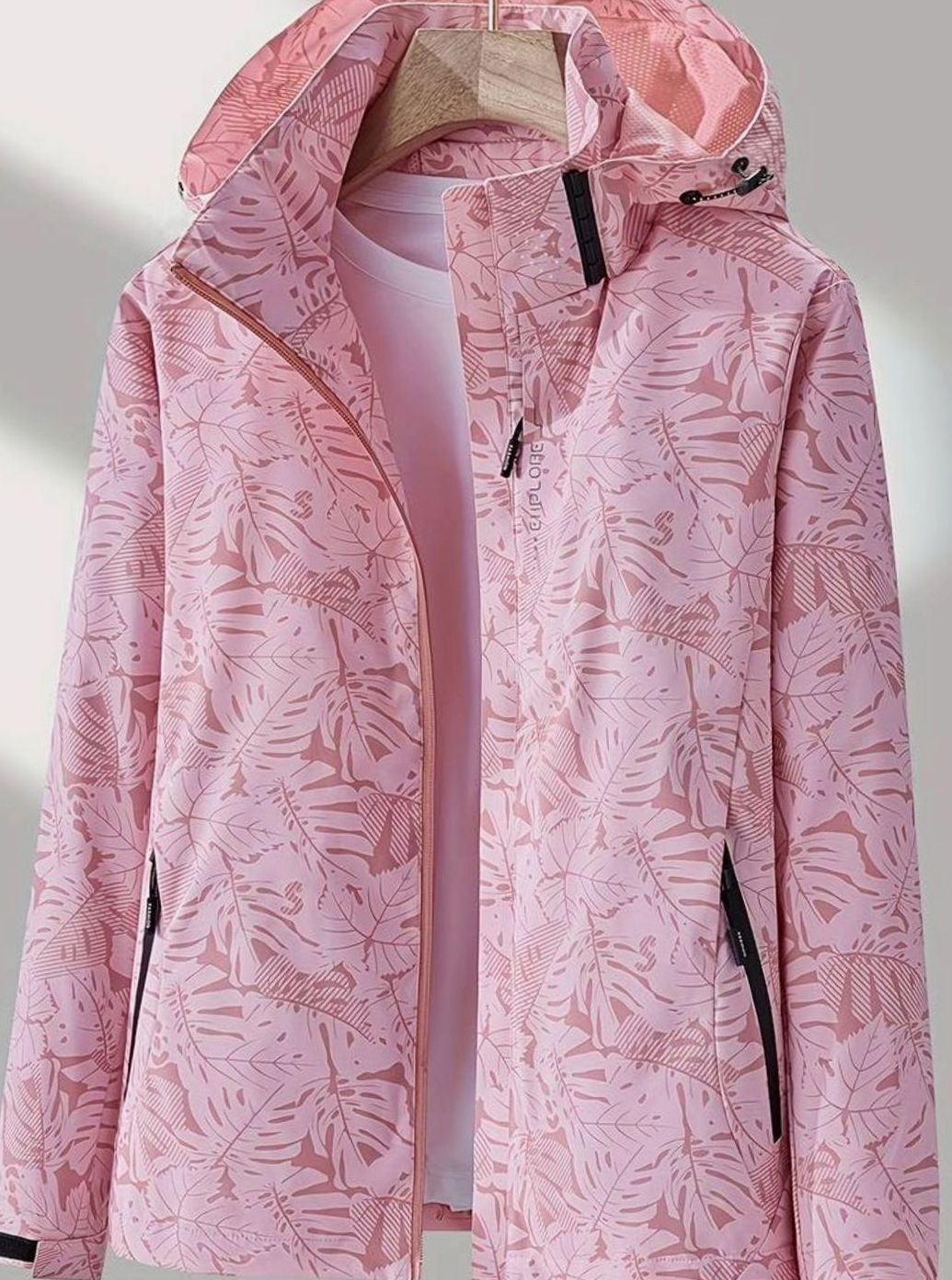Women's Zip and Snap Front Waterproof Windbreaker with Hood - Light Pink