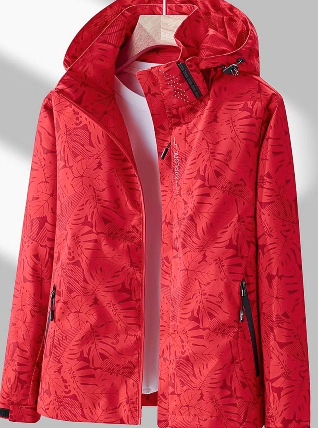 Women's Zip and Snap Front Waterproof Windbreaker with Hood - Red