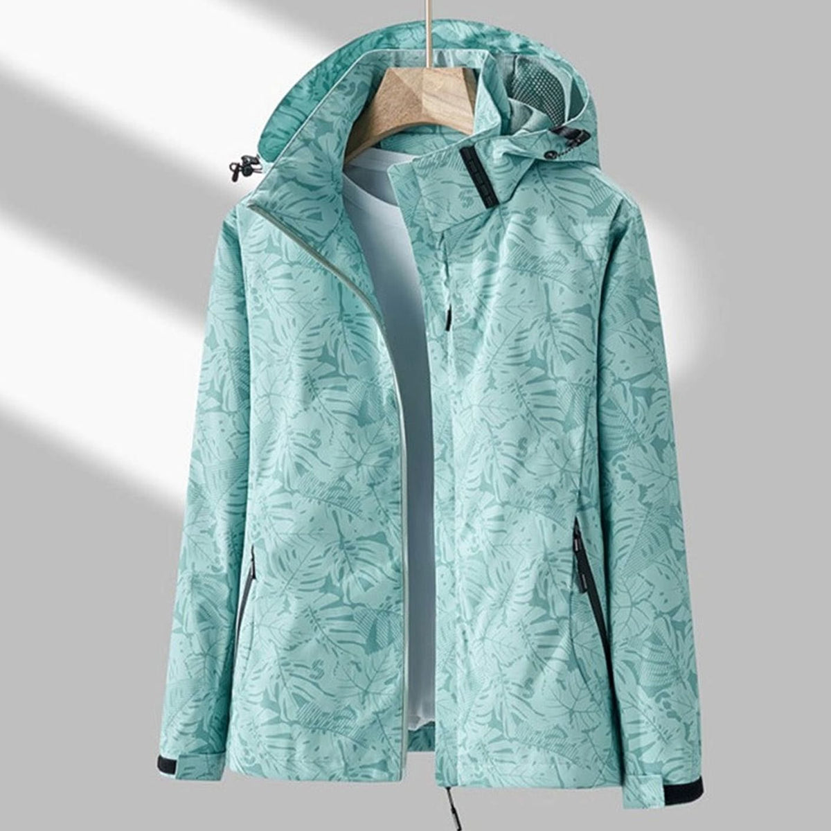 Women's Zip and Snap Front Waterproof Windbreaker with Hood - Turquoise