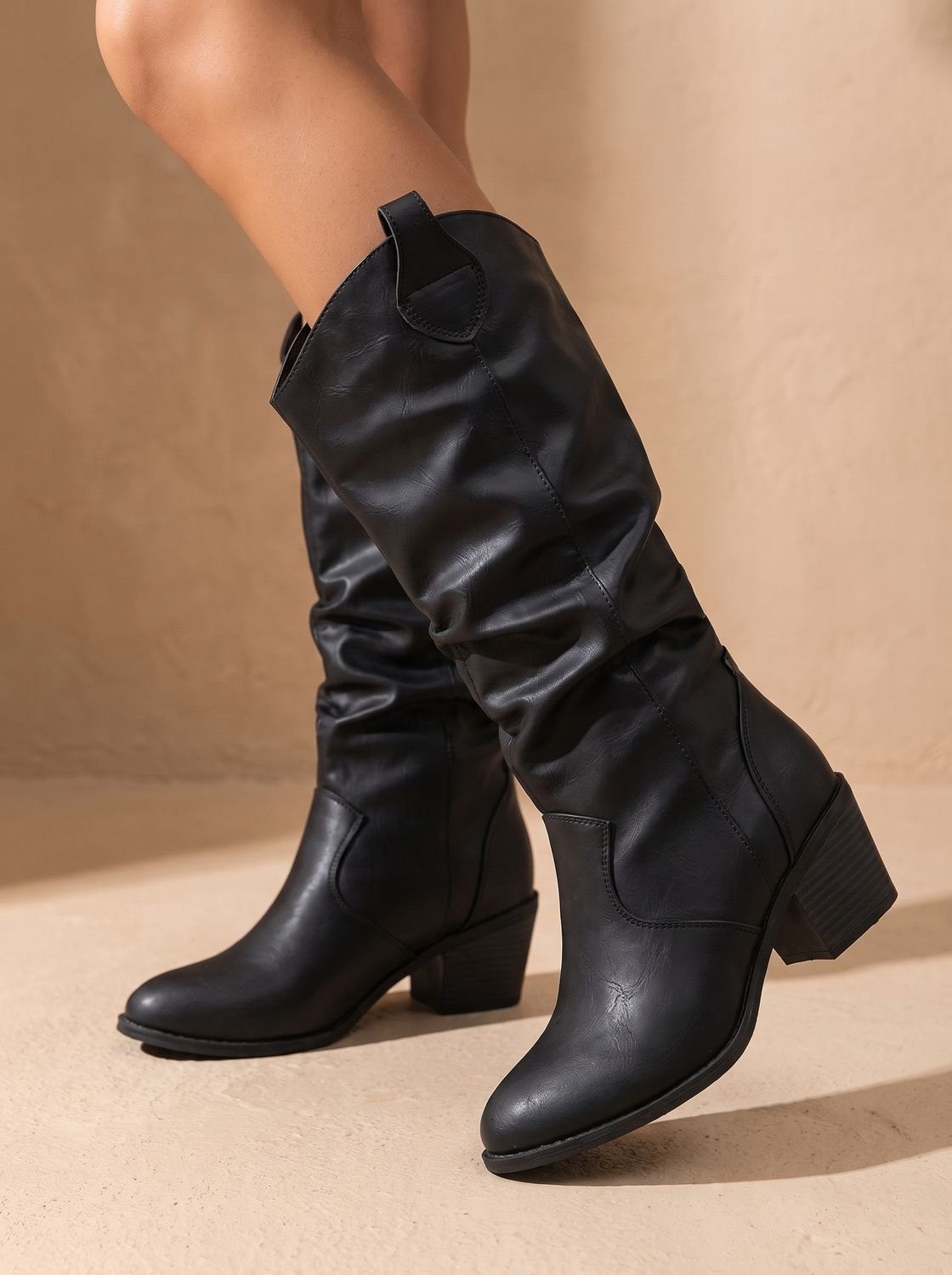 Women's Easy Step-In Cowgirl Tall Boots for Wider Calves - Black