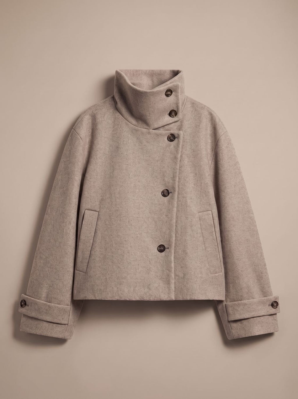 Women's Cropped Wool Blend Coat with Deep Patch Pockets - Beige