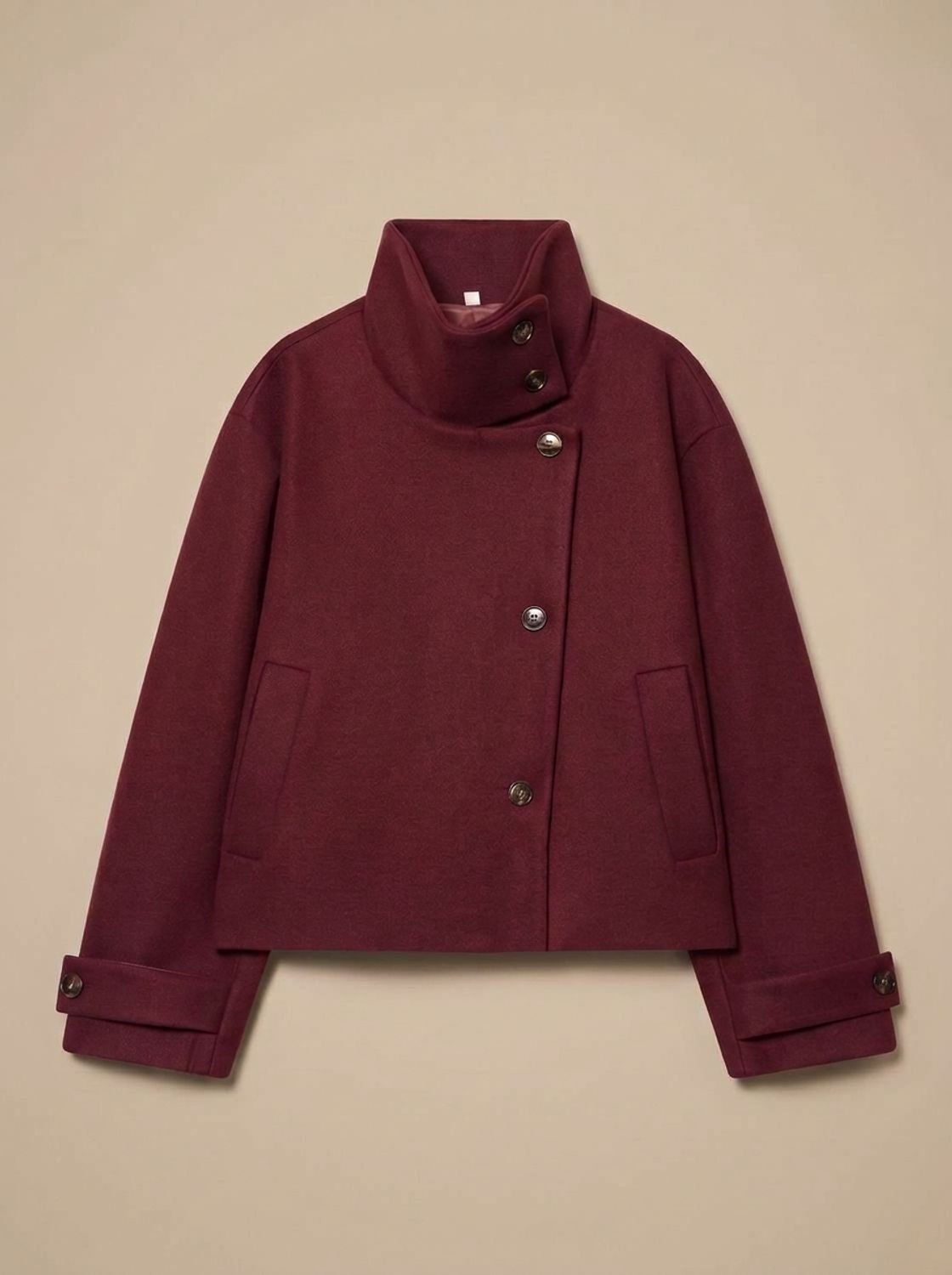Women's Cropped Wool Blend Coat with Deep Patch Pockets - Red