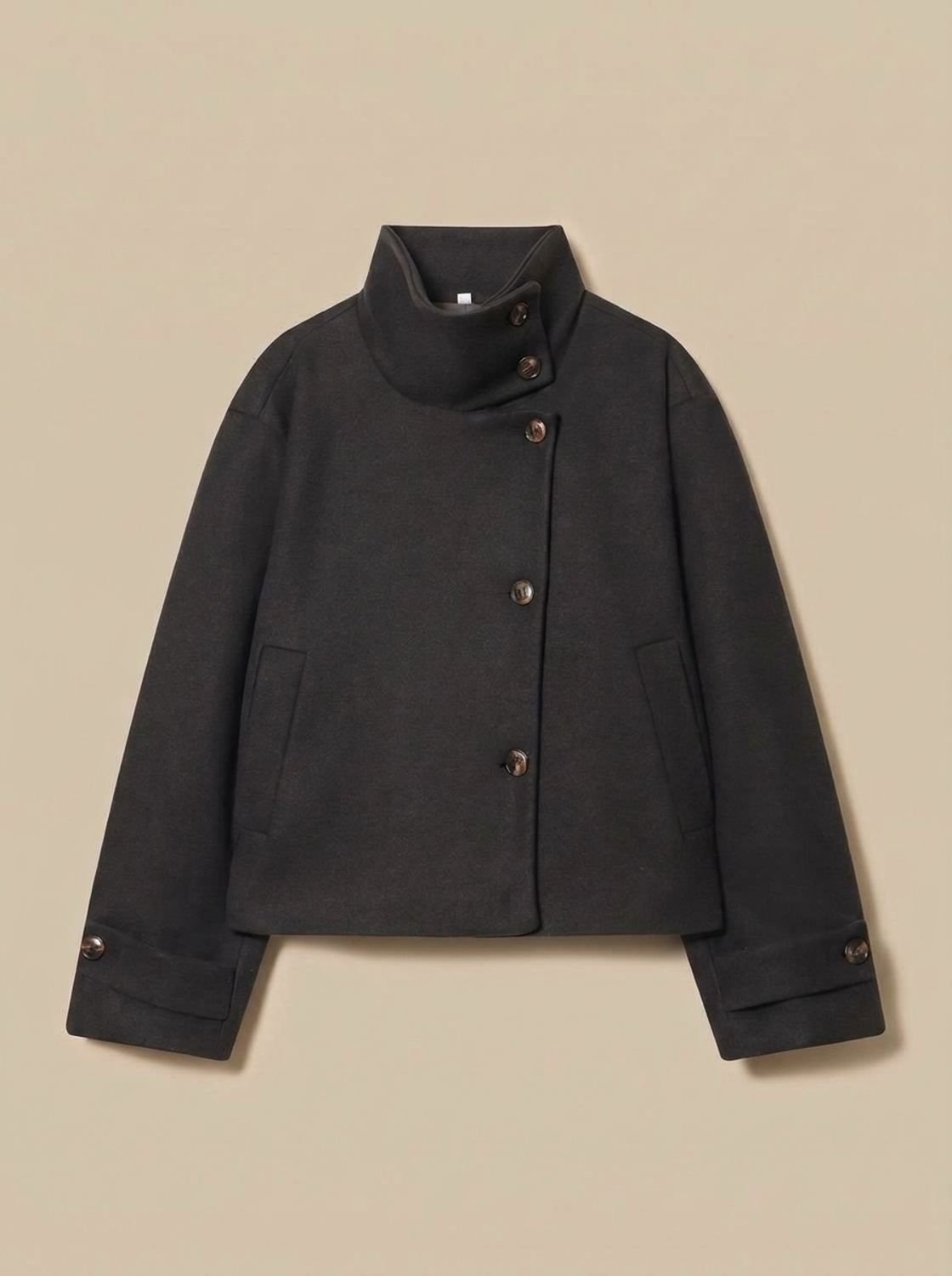 Women's Cropped Wool Blend Coat with Deep Patch Pockets - Black