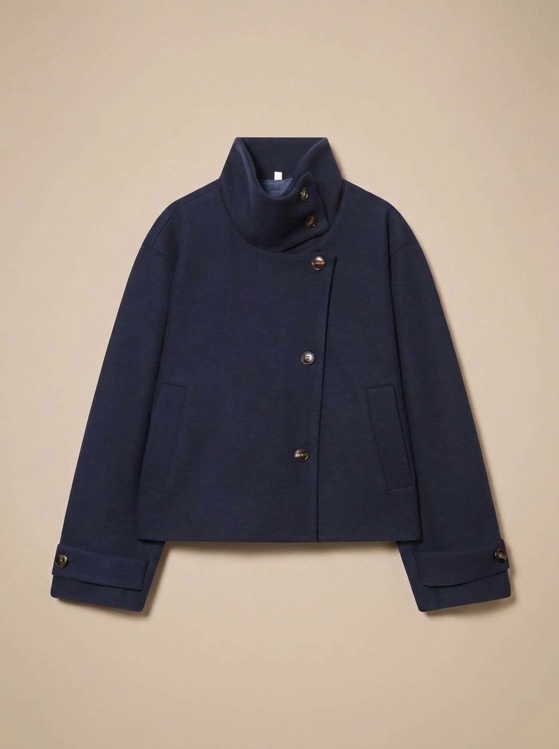 Women's Cropped Wool Blend Coat with Deep Patch Pockets - Dark Blue