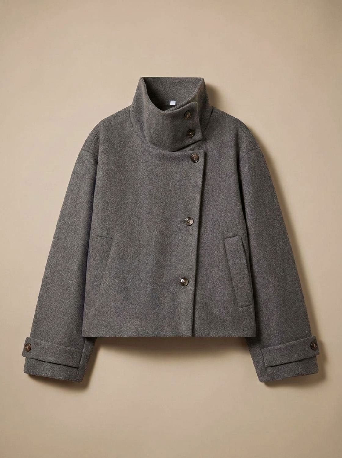 Women's Cropped Wool Blend Coat with Deep Patch Pockets - Gray