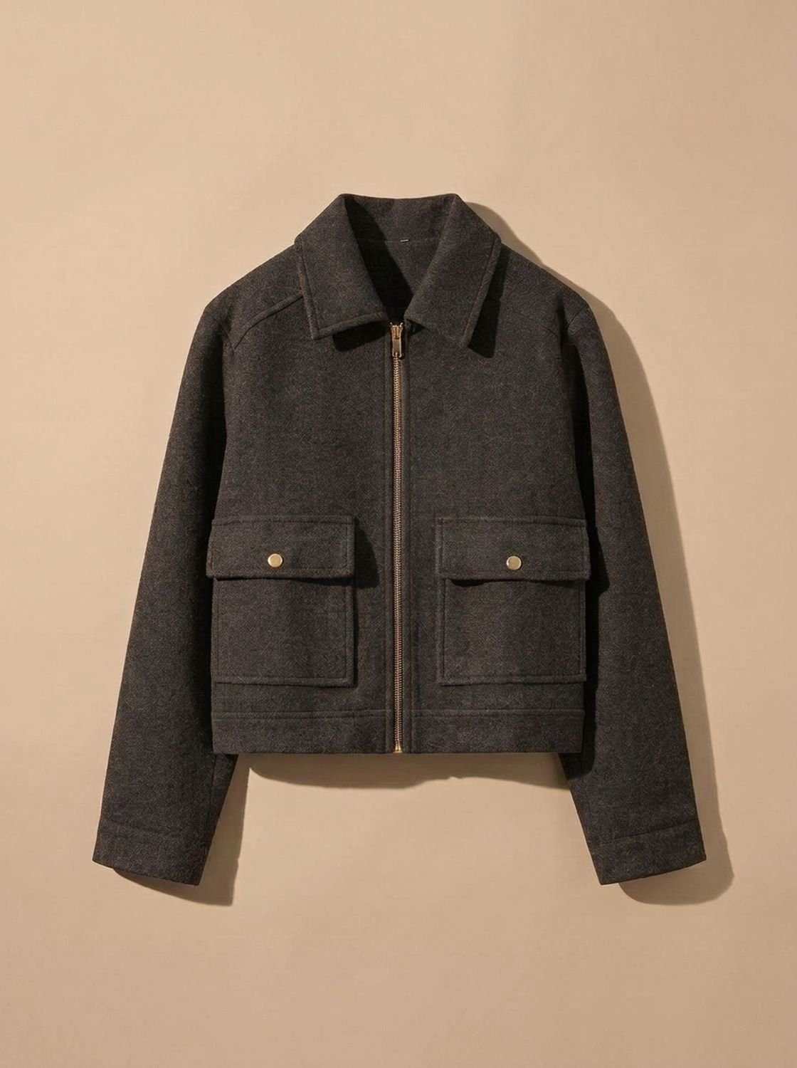 Women's Cropped Wool Blend Coat with Deep Patch Pockets - Gray Black