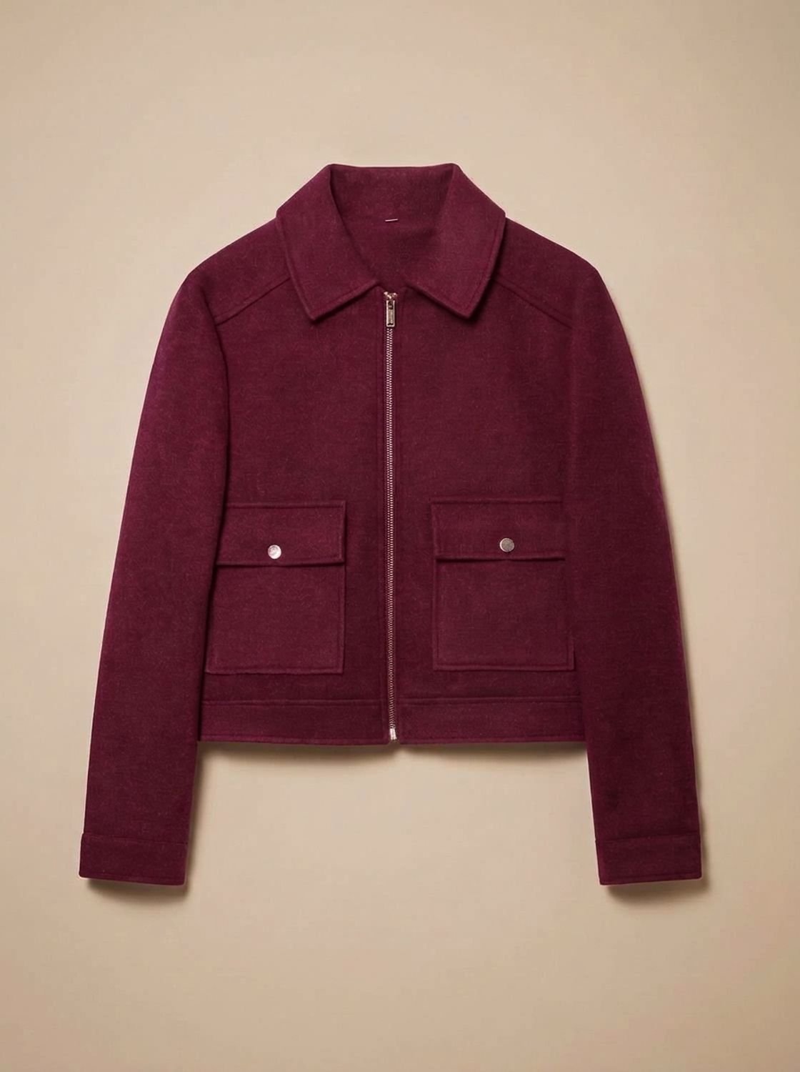 Women's Cropped Wool Blend Coat with Deep Patch Pockets - Burgundy