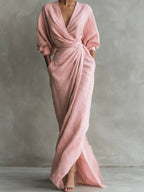 Women's Wrap Maxi Long Sleeve Dress V-Neck Draped