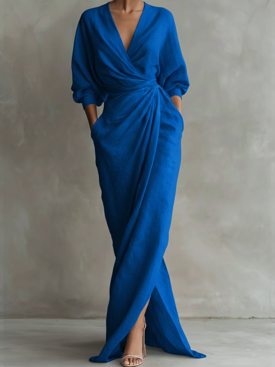 Women's Wrap Maxi Long Sleeve Dress V-Neck Draped