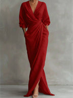 Women's Wrap Maxi Long Sleeve Dress V-Neck Draped