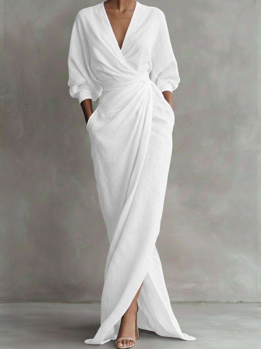 Women's Wrap Maxi Long Sleeve Dress V-Neck Draped