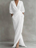 Women's Wrap Maxi Long Sleeve Dress V-Neck Draped