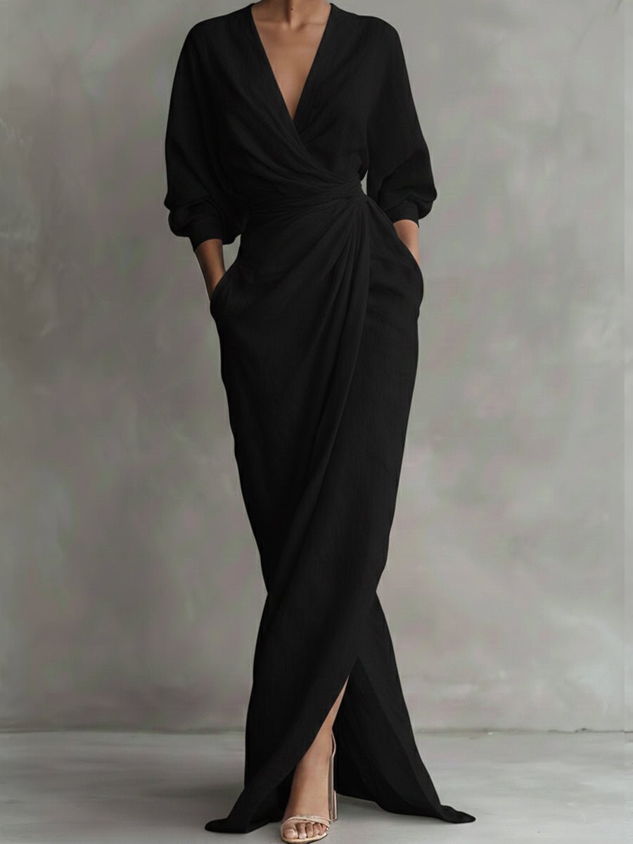 Women's Wrap Maxi Long Sleeve Dress V-Neck Draped