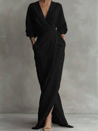 Women's Wrap Maxi Long Sleeve Dress V-Neck Draped