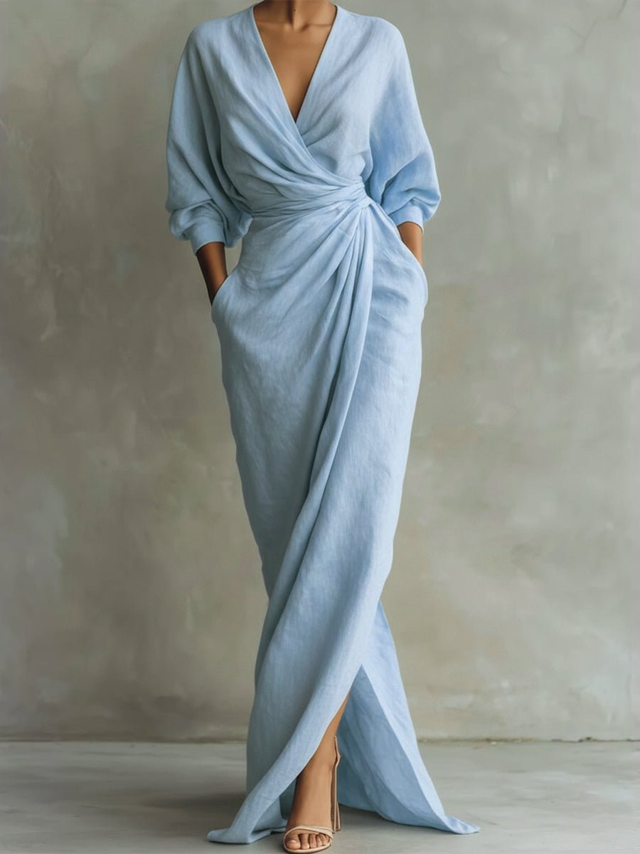 Women's Wrap Maxi Long Sleeve Dress V-Neck Draped