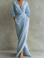 Women's Wrap Maxi Long Sleeve Dress V-Neck Draped