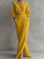 Women's Wrap Maxi Long Sleeve Dress V-Neck Draped