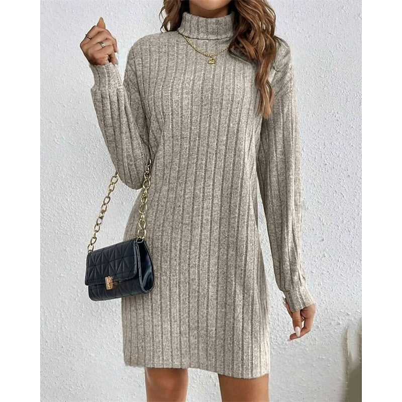 Women's Stretchy High Neck Knit Dress - Apricot