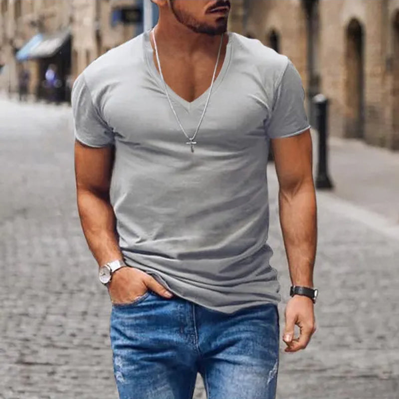 Men's Fitted V Neck T Shirt Deep Neckline Summer