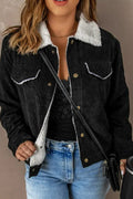 Women's Button-Up Sherpa Lined Cord Jacket with Lapel Collar - Black