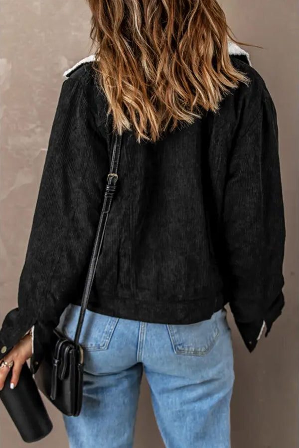 Women's Button-Up Sherpa Lined Cord Jacket with Lapel Collar