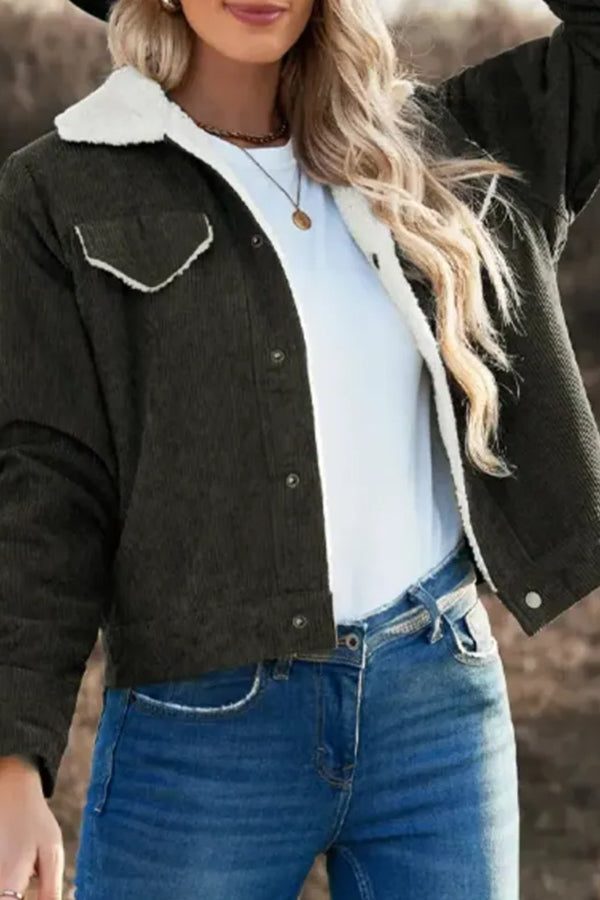 Women's Button-Up Sherpa Lined Cord Jacket with Lapel Collar - Green