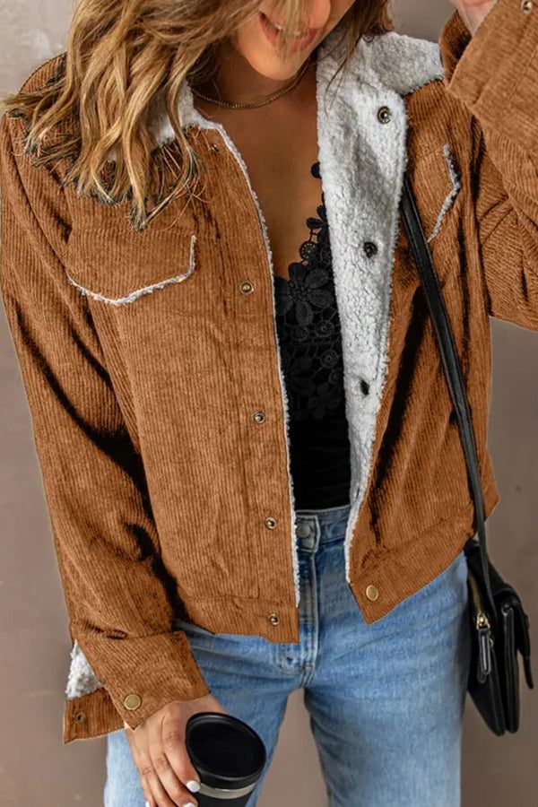 Women's Button-Up Sherpa Lined Cord Jacket with Lapel Collar - Khaki