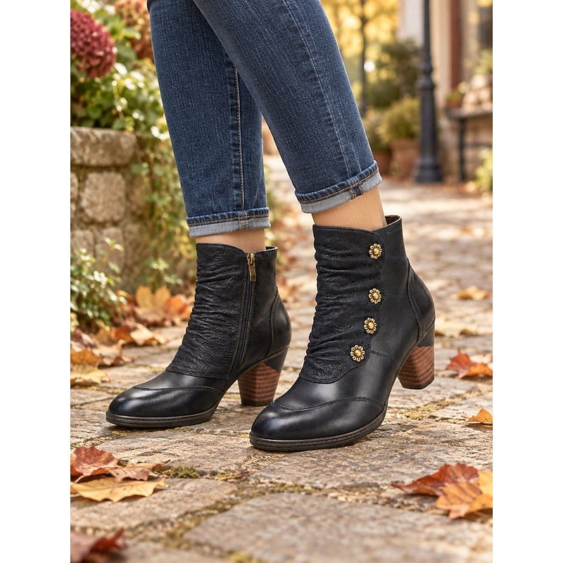 Women's Floral Button Ruched Booties with Stacked Heel