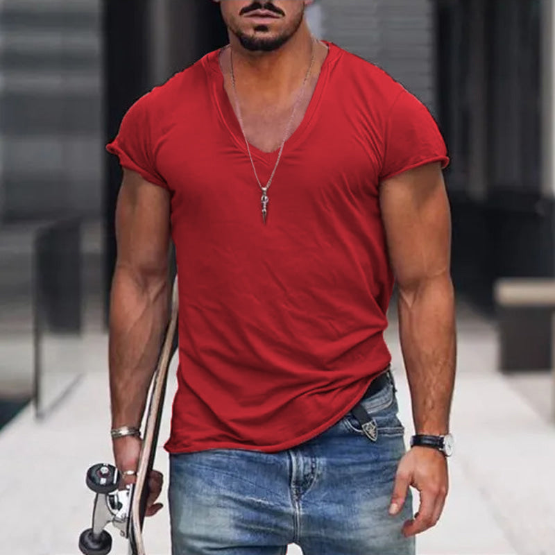 Men's Fitted V Neck T Shirt Deep Neckline Summer