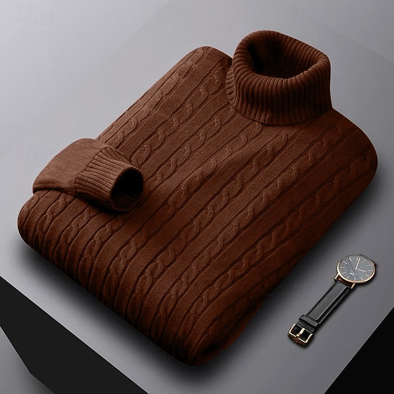 Men's Everyday Cable Turtleneck Sweater in a Regular Cut - Coffee
