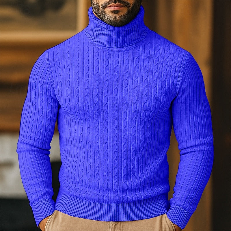 Men's Slim-Fit Turtleneck Sweater with Twisted Cable Texture - Royal Blue