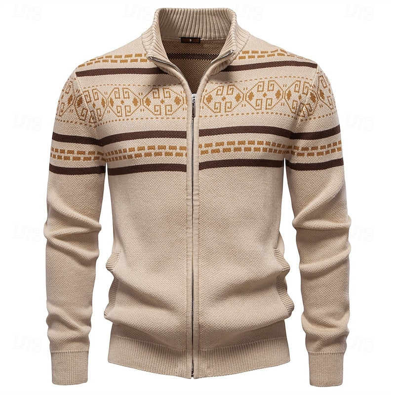 Women's Festive Fair Isle Zip Cardigan for Winter Weekends - Khaki