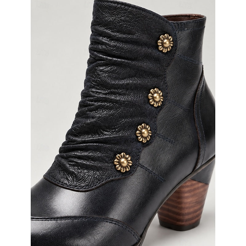 Women's Floral Button Ruched Booties with Stacked Heel