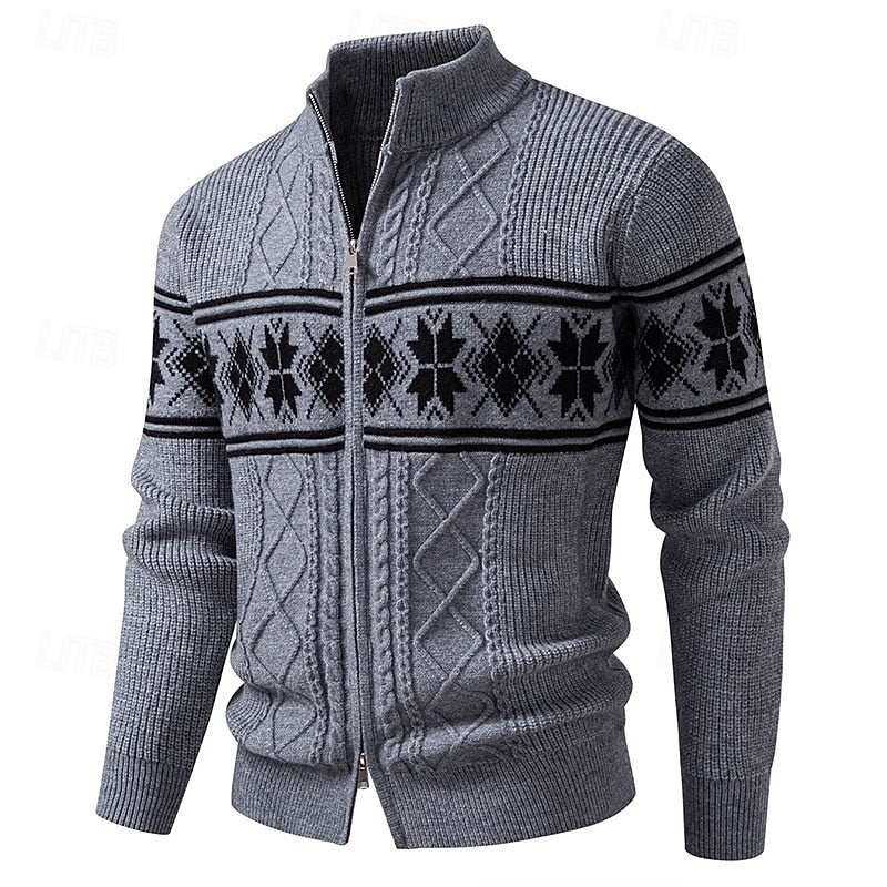 Women's Regular Fit Zip-Front Cardigan in Fair Isle Rib - Gray