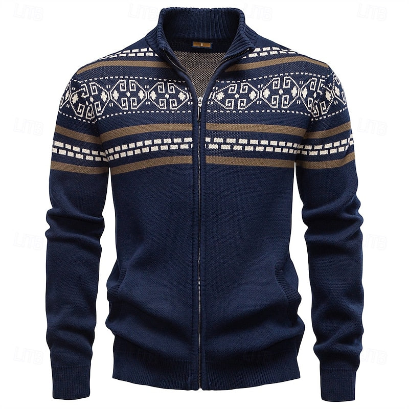 Women's Festive Fair Isle Zip Cardigan for Winter Weekends - Navy Blue