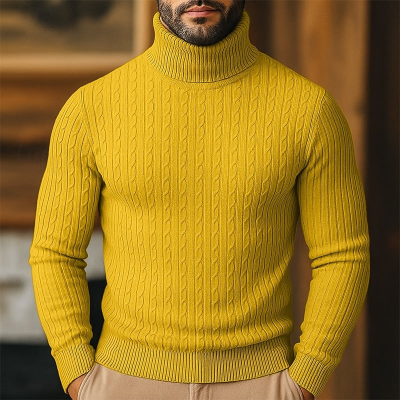 Men's Slim-Fit Turtleneck Sweater with Twisted Cable Texture - Natural Yellow