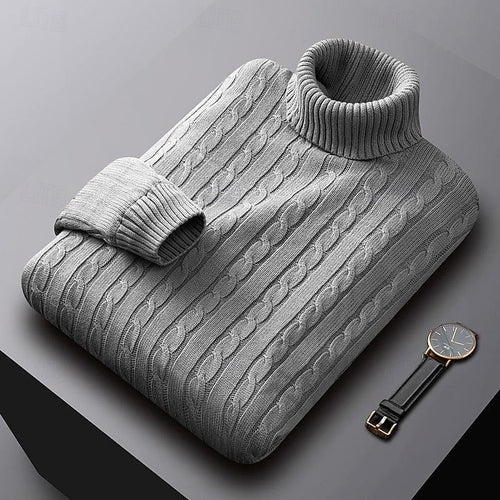 Men's Everyday Cable Turtleneck Sweater in a Regular Cut - Light Gray